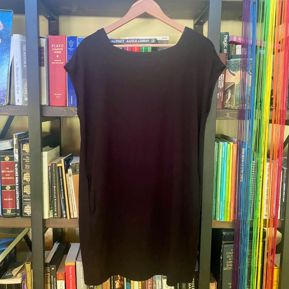 Eileen Fisher Black Shift  Dress W's Small Classic Lagenlook Square Neck Pockets